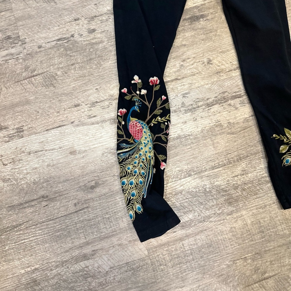 Johnny Was Black Leggings with Peacock and Floral Design